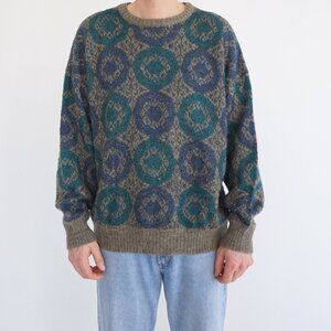 Vintage Bugatchi Uomo Olive Blue Medallion Textured Knit Sweater Large